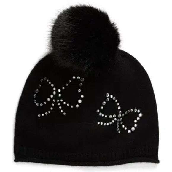 SOPHIA CASHMERE BOW RHINESTONE FAUX FUR POM CASHMERE BEANIE IN BLACK